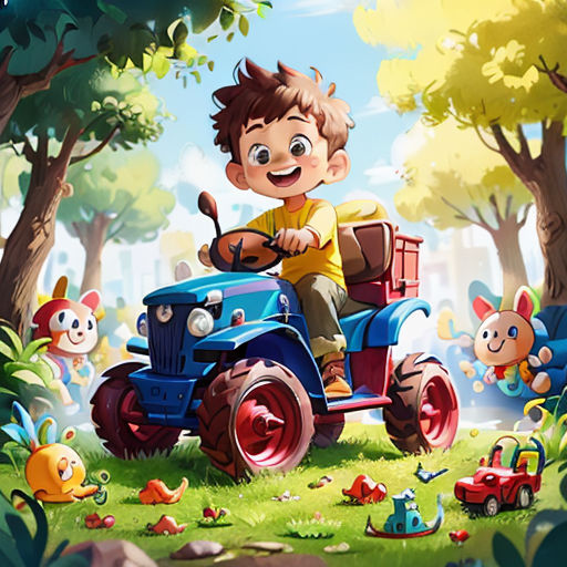 a boy riding a tractor in a park with other animals around him and a dog on the ground behind him