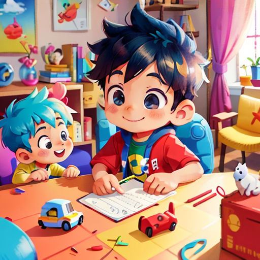 a boy and a girl are sitting at a table with toys and a computer in front of them,