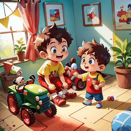 a boy and a girl playing with toys in a room with a blue wall and a green chair and a green toy tractor