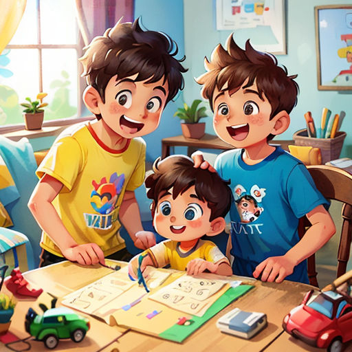 a group of children standing around a table with a pen and paper in front of them and a car on the table