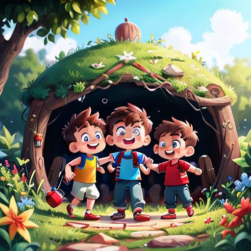 a group of kids standing in front of a cave in the woods with a dog and a cat on the ground