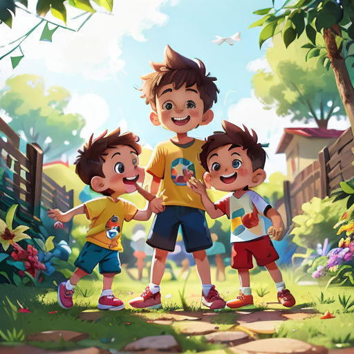 a group of children standing next to each other in a park with a fence and trees in the background