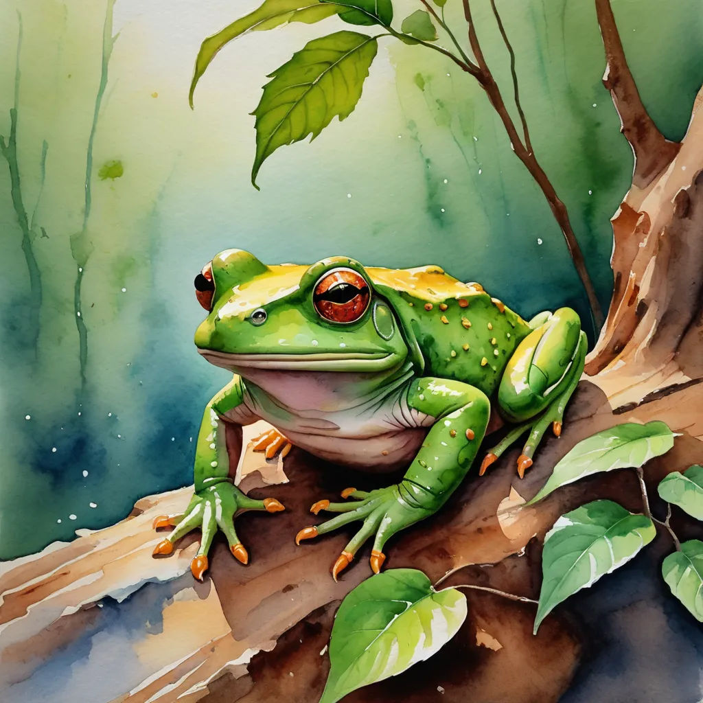 a frog sitting on a branch with leaves around it and a green background with a tree branch and a leafy branch, figurative art, a watercolor painting, Art Green, watercolor