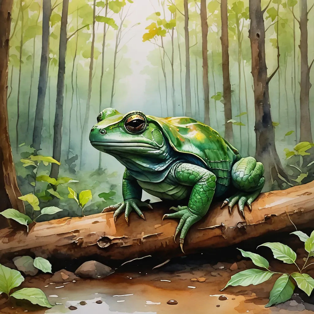 a painting of a frog sitting on a log in a forest with green leaves and a stream of water, fantasy art, a digital painting, Brom, in gouache detailed paintings