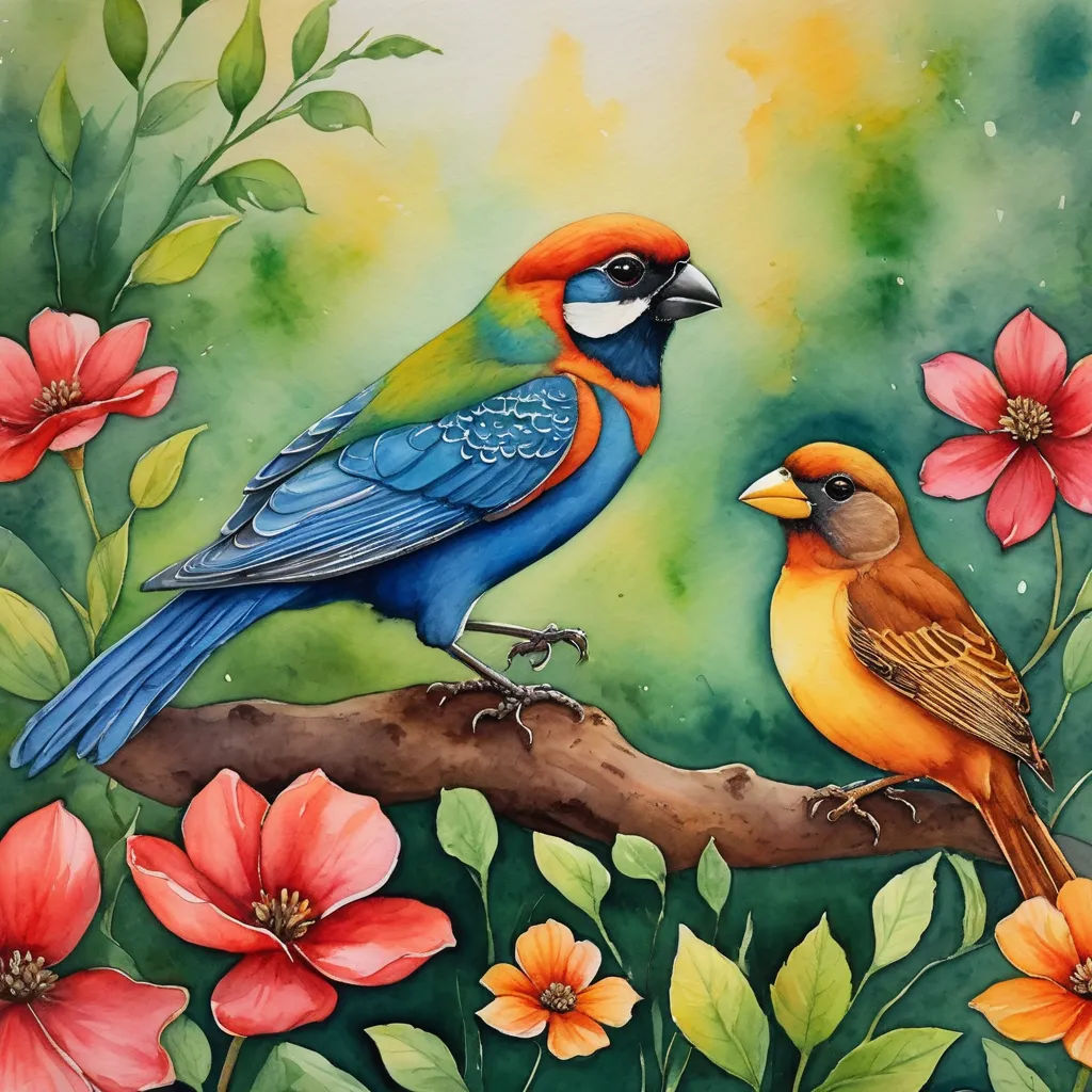 a painting of two birds sitting on a branch with flowers in the background and a green background with red flowers, cloisonnism, a watercolor painting, Carol Sutton, birds