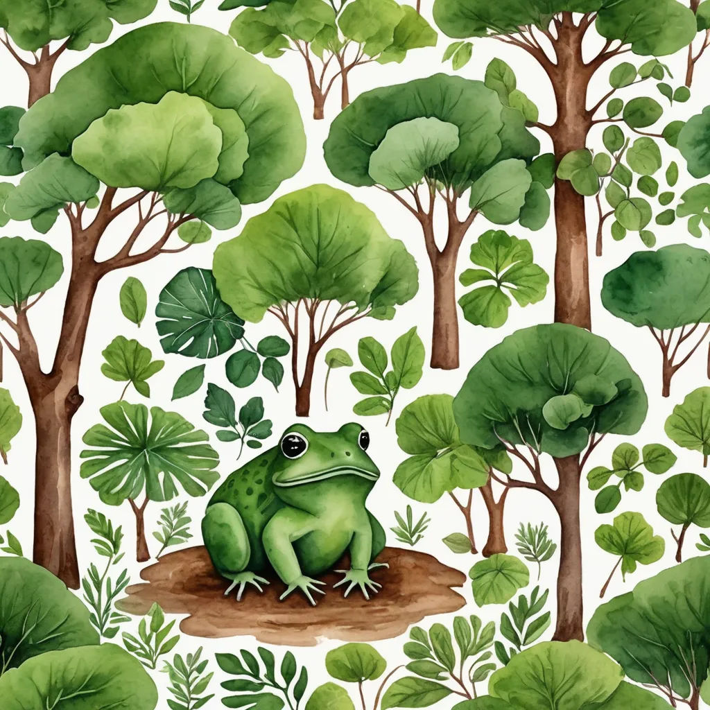 a green frog sitting on top of a dirt ground next to trees and leaves on a white background with a green leafy pattern, environmental art, a storybook illustration, Andries Stock, in gouache detailed paintings