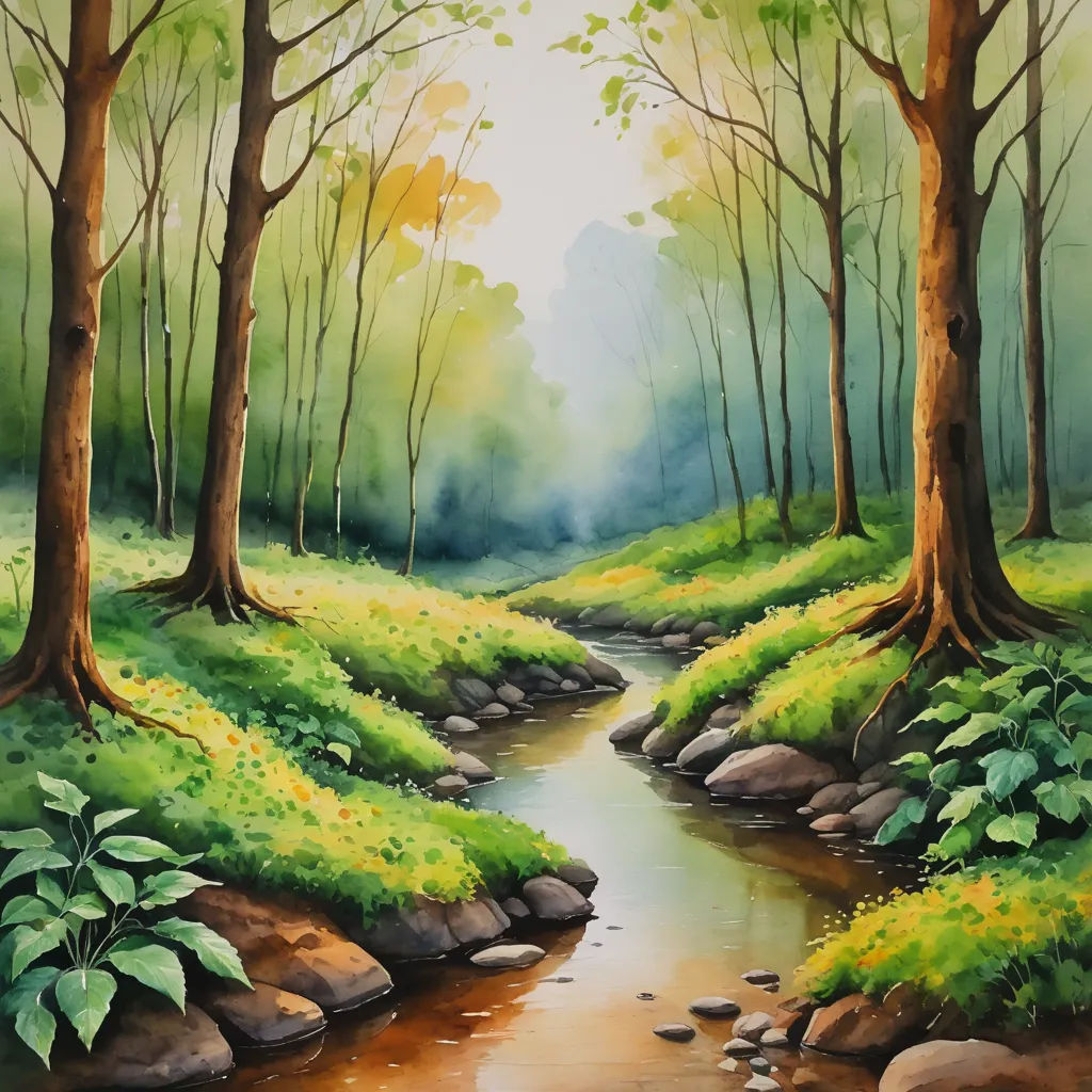a painting of a stream in a forest with rocks and trees on the side of it and a stream running through the center of the painting, american scene painting, a watercolor painting, Alexander Brook, forest