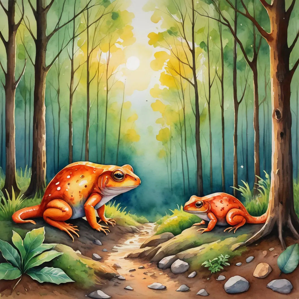 a painting of two frogs in a forest with a path leading to them and a sun shining through the trees, fantasy art, a storybook illustration, Chris LaBrooy, storybook illustration