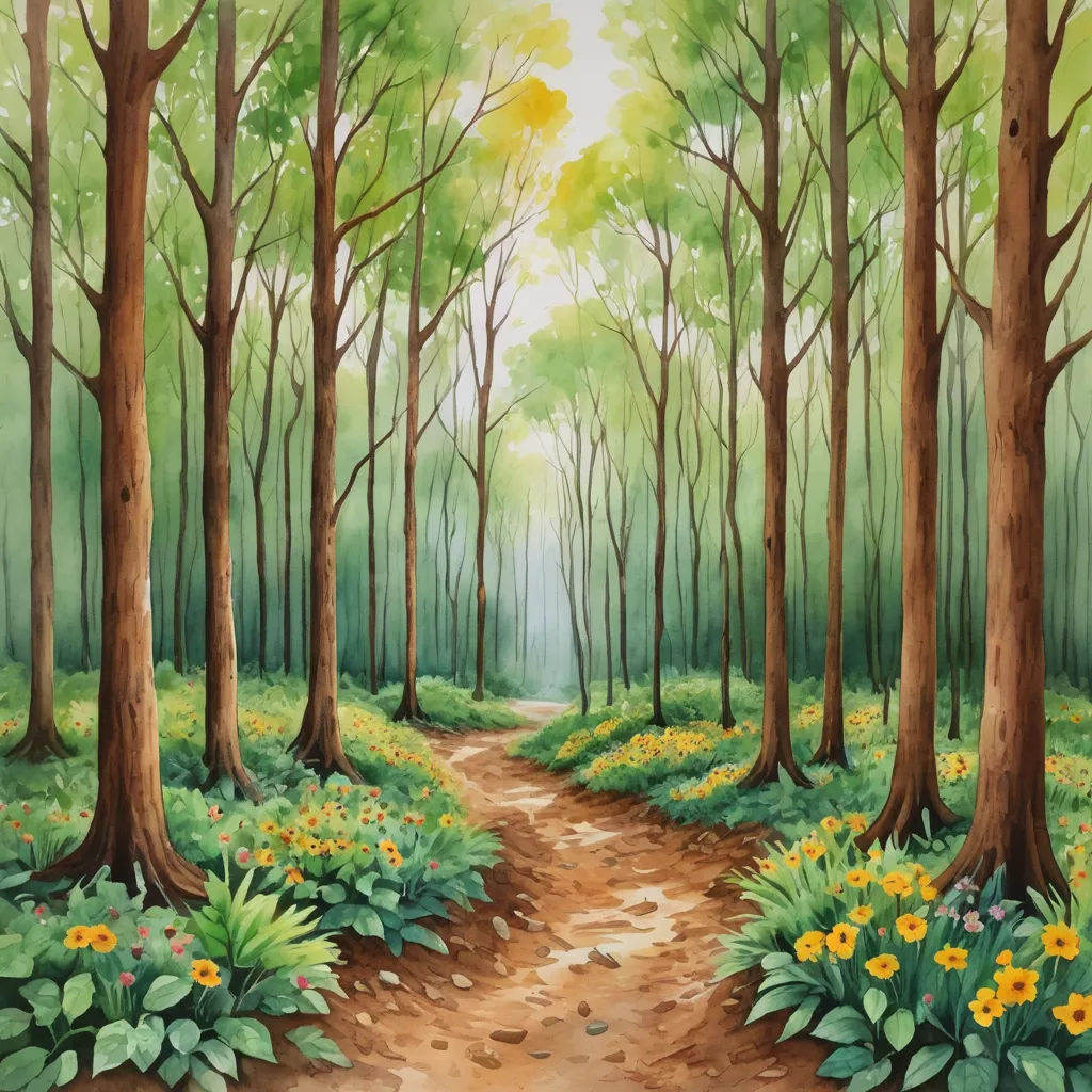 a painting of a forest with a dirt path leading to a forest with flowers and trees on both sides of the path, fantasy art, a detailed matte painting, Chris LaBrooy, forest