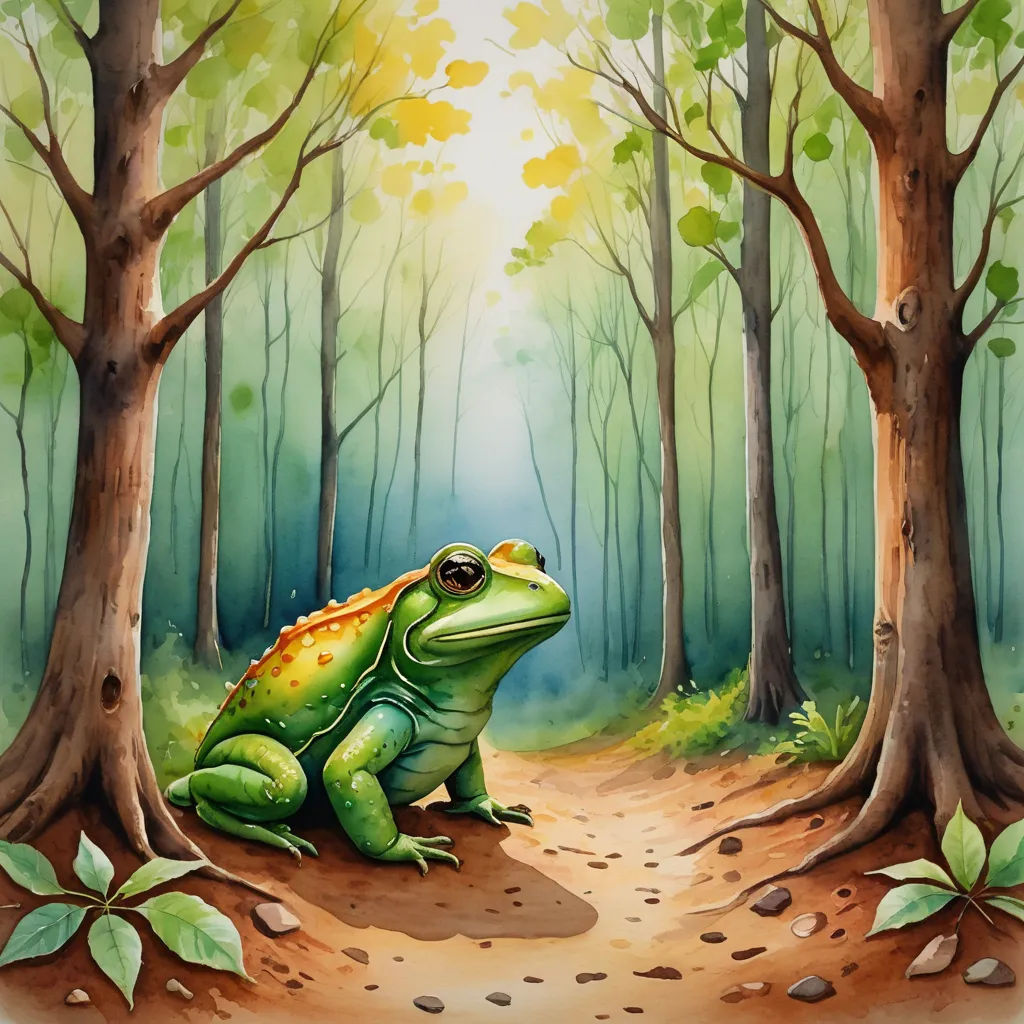 a frog sitting on a dirt path in a forest with trees and leaves around it, with a bright light coming through the trees, fantasy art, a storybook illustration, Andries Stock, storybook illustration