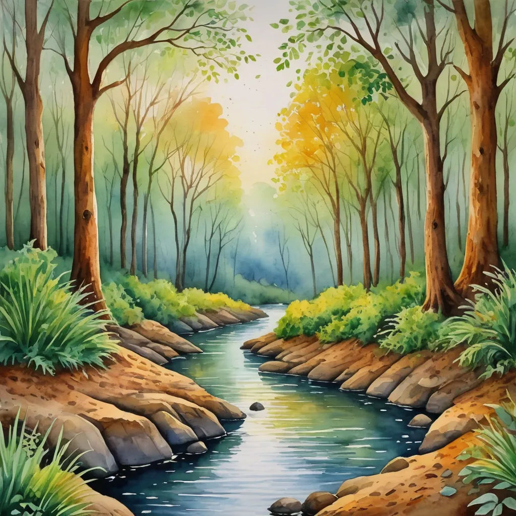 a painting of a stream in a forest with trees and rocks on the bank of the river, with a bright sun shining through the trees, american scene painting, a fine art painting, Alexander Brook, nature