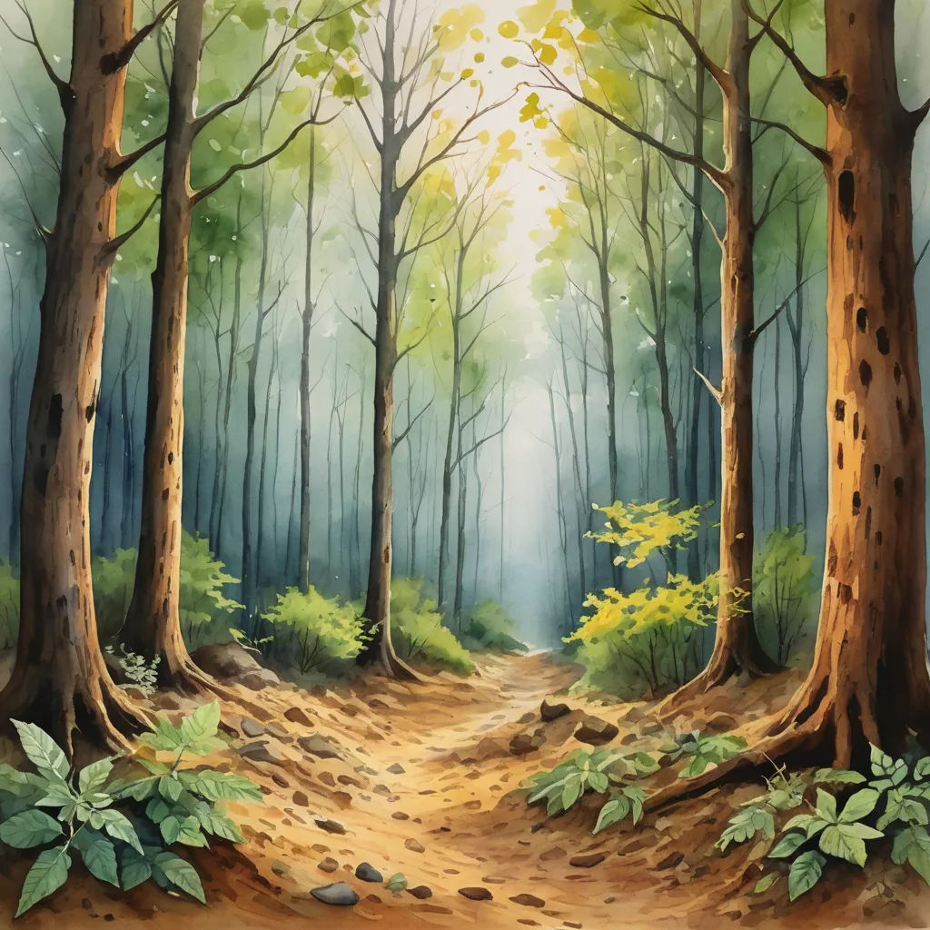 a painting of a forest with a dirt path leading to trees and leaves on the ground and a rock in the middle, american scene painting, an airbrush painting, Christophe Vacher, forest