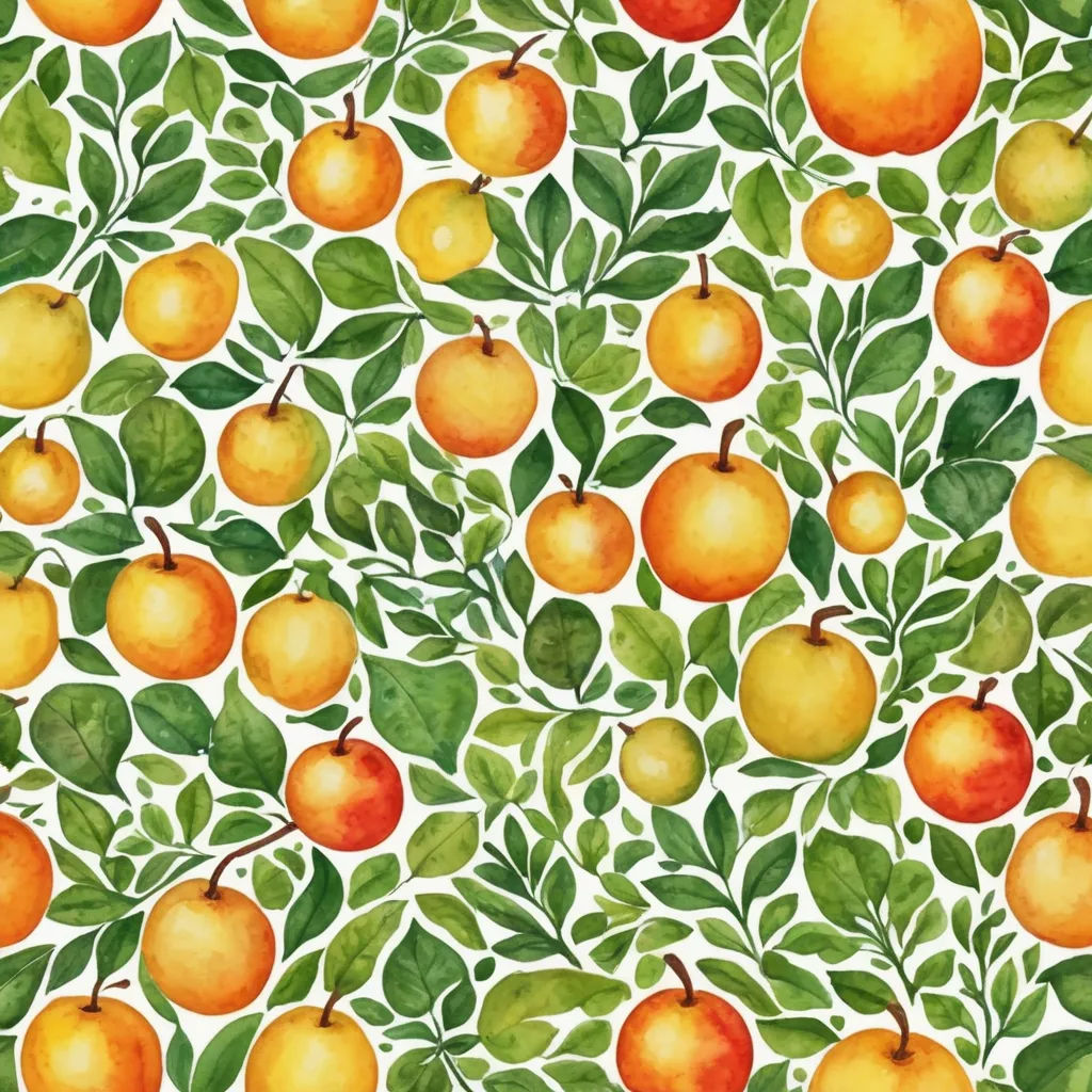 a painting of oranges and leaves on a white background with green leaves and oranges on the top, folk art, a watercolor painting, Annabel Kidston, in gouache detailed paintings