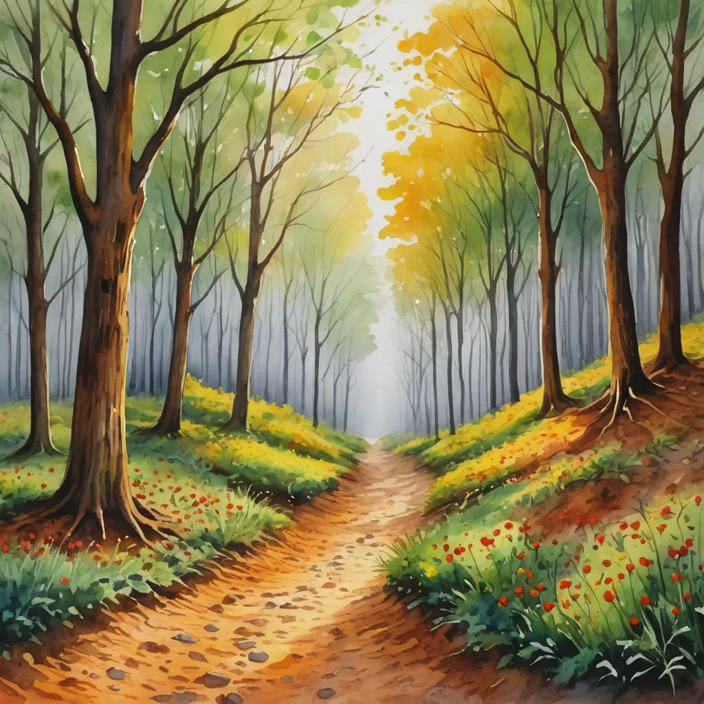 a painting of a dirt road in a forest with trees and flowers on the side of it and a path leading to the trees, american scene painting, an airbrush painting, Christophe Vacher, thomas kindkade