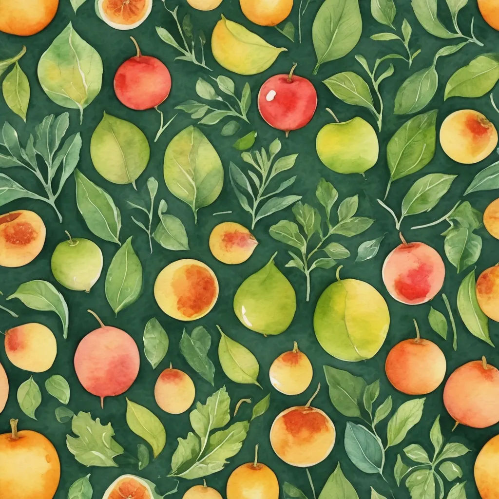 a painting of a bunch of fruit on a green background with leaves and apples on it, with a red apple in the center, naturalism, a detailed painting, Annabel Kidston, in gouache detailed paintings