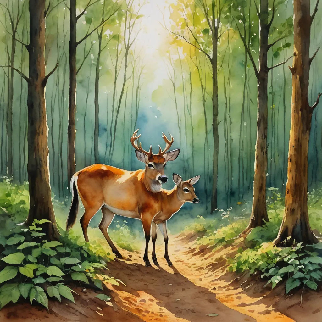 a painting of two deer standing in a forest with trees and grass on the ground and a path leading to them, american scene painting, a watercolor painting, Don Bluth, in gouache detailed paintings
