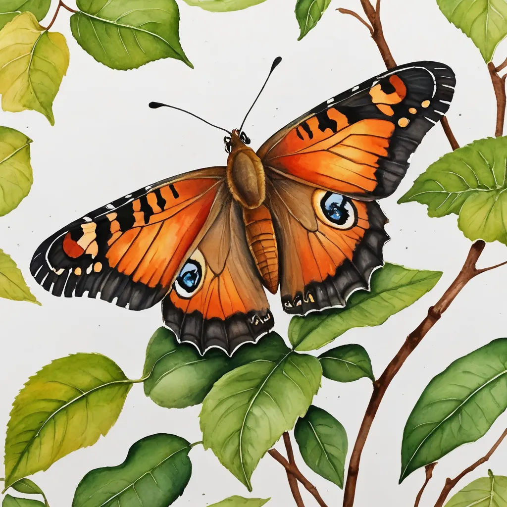 a painting of a butterfly on a branch with leaves and leaves around it, with a white background and a green leafy branch, cloisonnism, an illustration of, Alison Kinnaird, in gouache detailed paintings