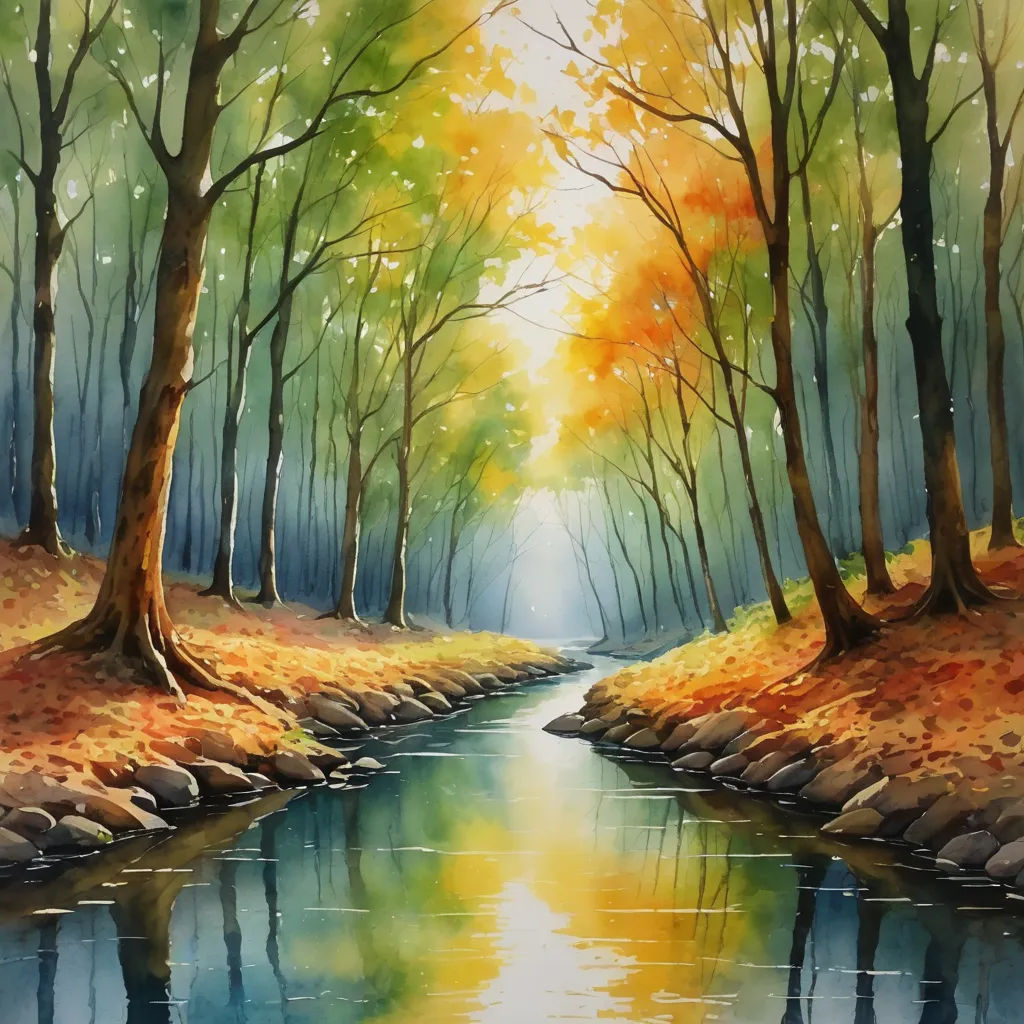a painting of a stream in a forest with trees and rocks on the bank of the river, with a bright sun shining through the trees, american scene painting, a watercolor painting, David Martin, watercolor