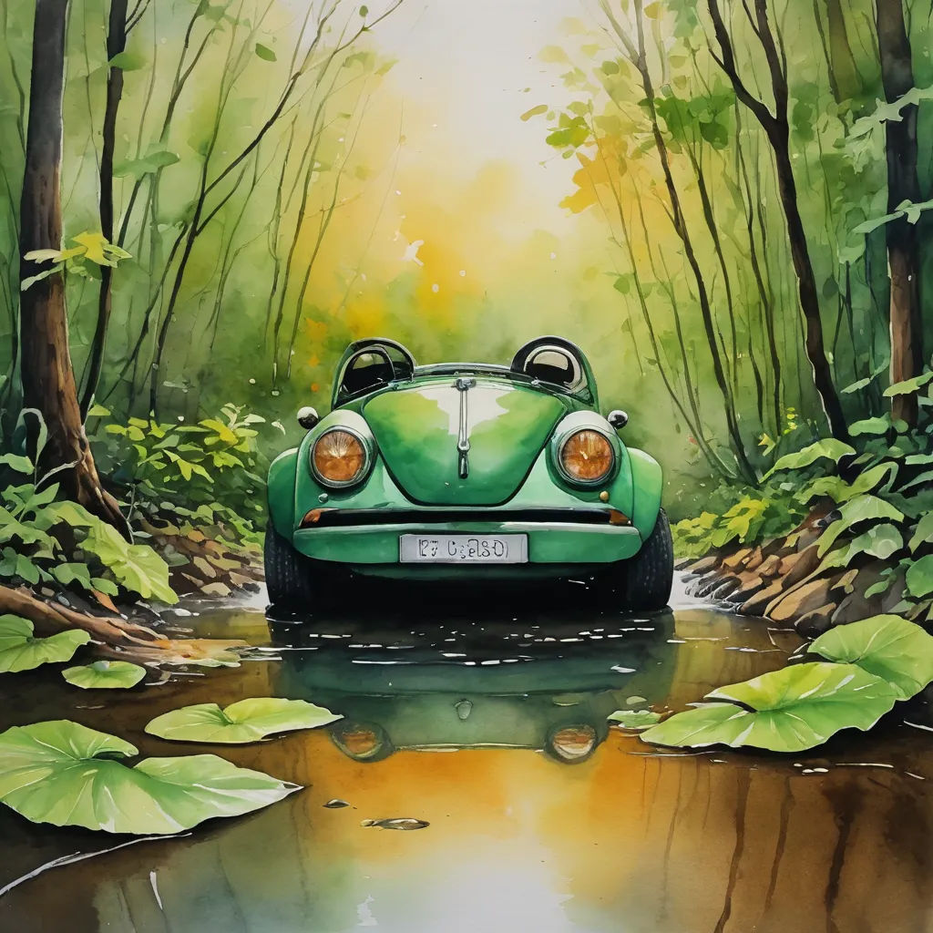 a green car is driving through a puddle of water in a forest with lily pads on the ground and trees, modern european ink painting, a watercolor painting, Bernd Fasching, in gouache detailed paintings