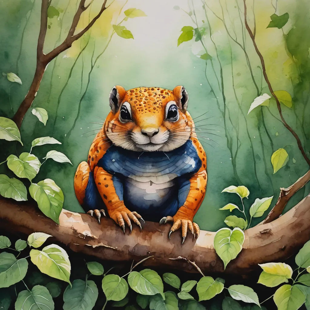 a painting of a squirrel sitting on a branch in a forest with green leaves and a blue shirt on, naive art, a detailed painting, Chris LaBrooy, trending on art station