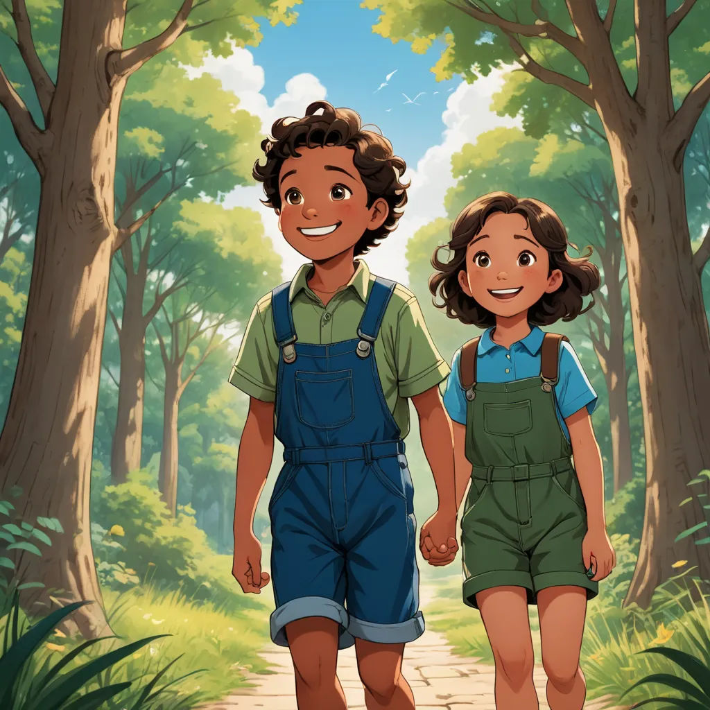 a boy and a girl walking down a path in the woods together, with trees in the background and a path leading to them, lyco art, a storybook illustration, Brothers Hildebrandt, official art