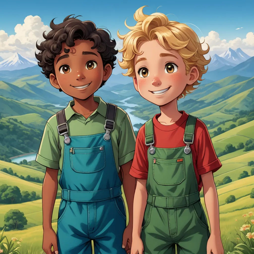 a couple of kids standing next to each other in front of a mountain range with a valley in the background, german romanticism, a storybook illustration, Brothers Hildebrandt, official art