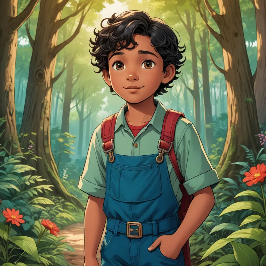 a boy in overalls standing in a forest with flowers and trees in the background, with a sun shining through the trees, magical realism, a character portrait, Aaron Jasinski, official art