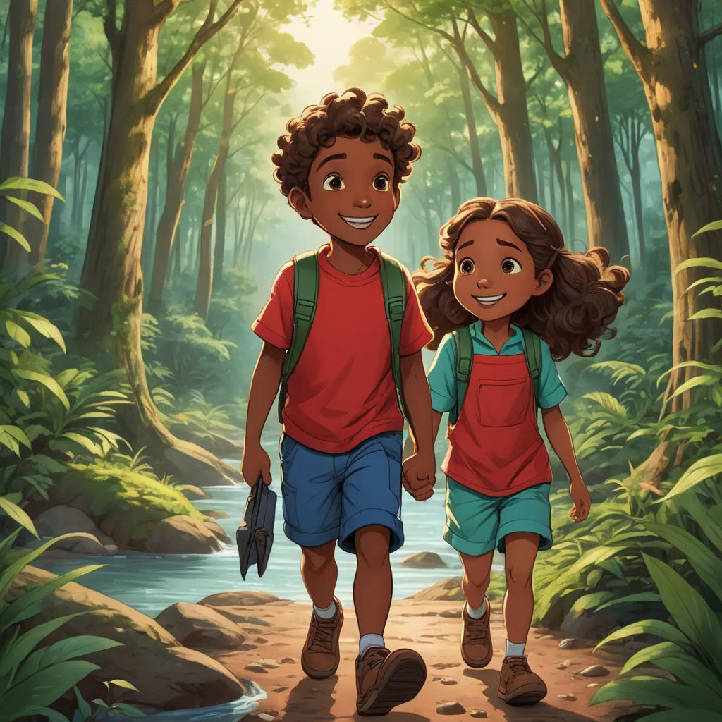 a boy and girl walking through a forest together with a backpack on their back and a backpack on their shoulder, serial art, a storybook illustration, Chris LaBrooy, promotional image