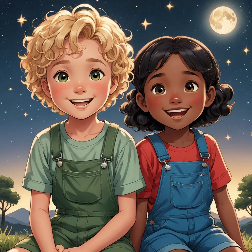 two children sitting on a bench in front of a night sky with stars and a full moon in the background, space art, a storybook illustration, Felix-Kelly, official art