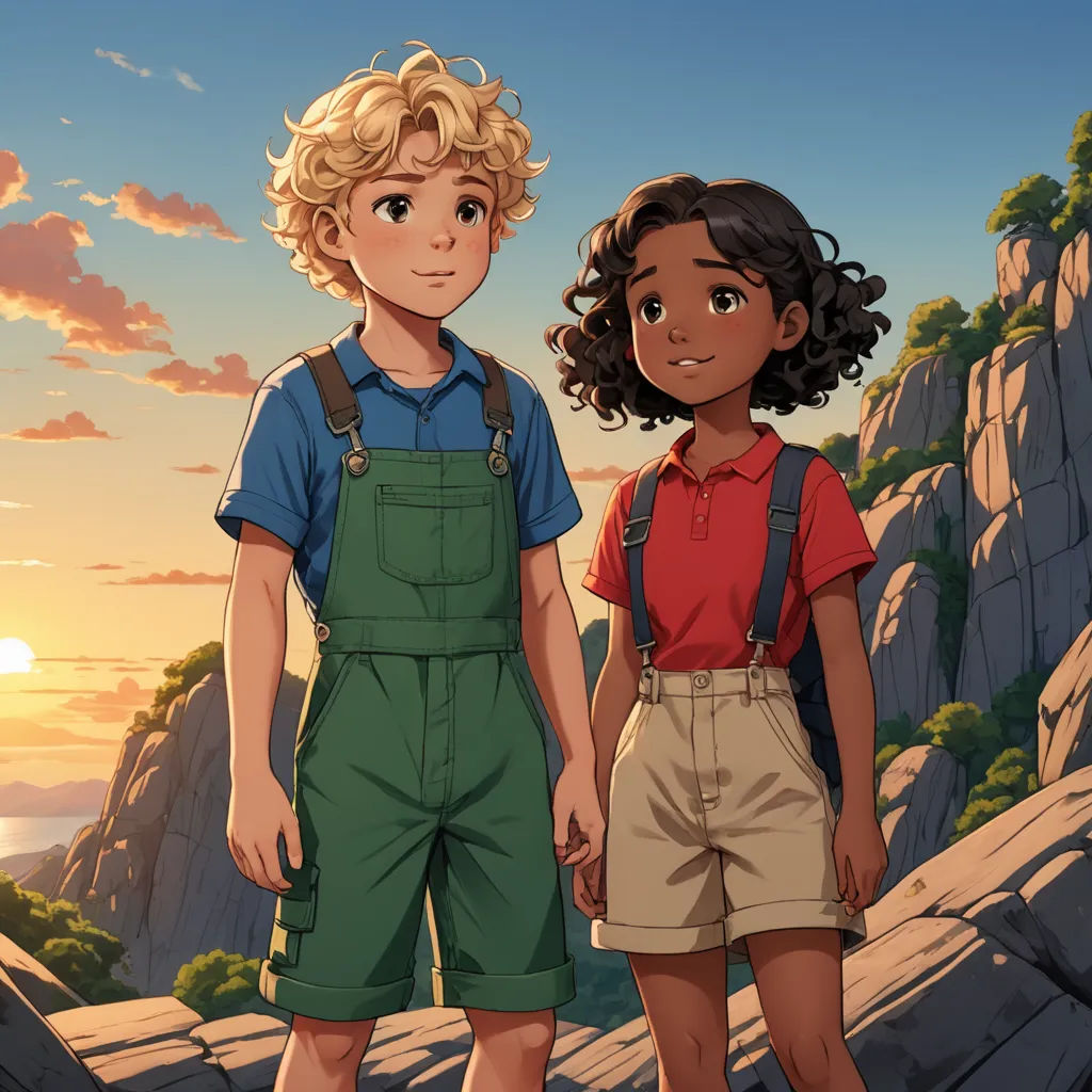a boy and a girl standing on a mountain top with the sun setting behind them and a mountain in the background, aestheticism, a storybook illustration, Cliff Childs, cushart krenz