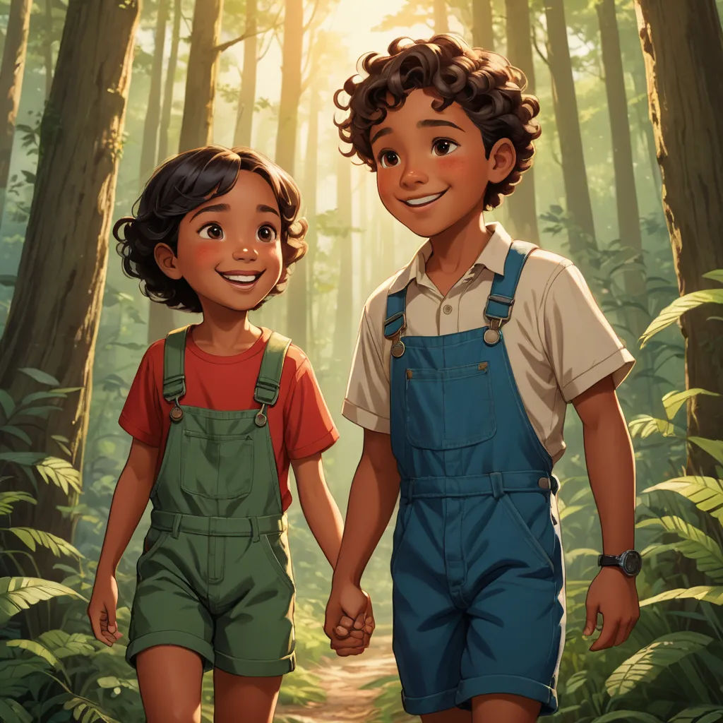 a boy and a girl walking in the woods holding hands and smiling at the camera with the sun shining through the trees, sots art, a storybook illustration, Brothers Hildebrandt, cushart krenz