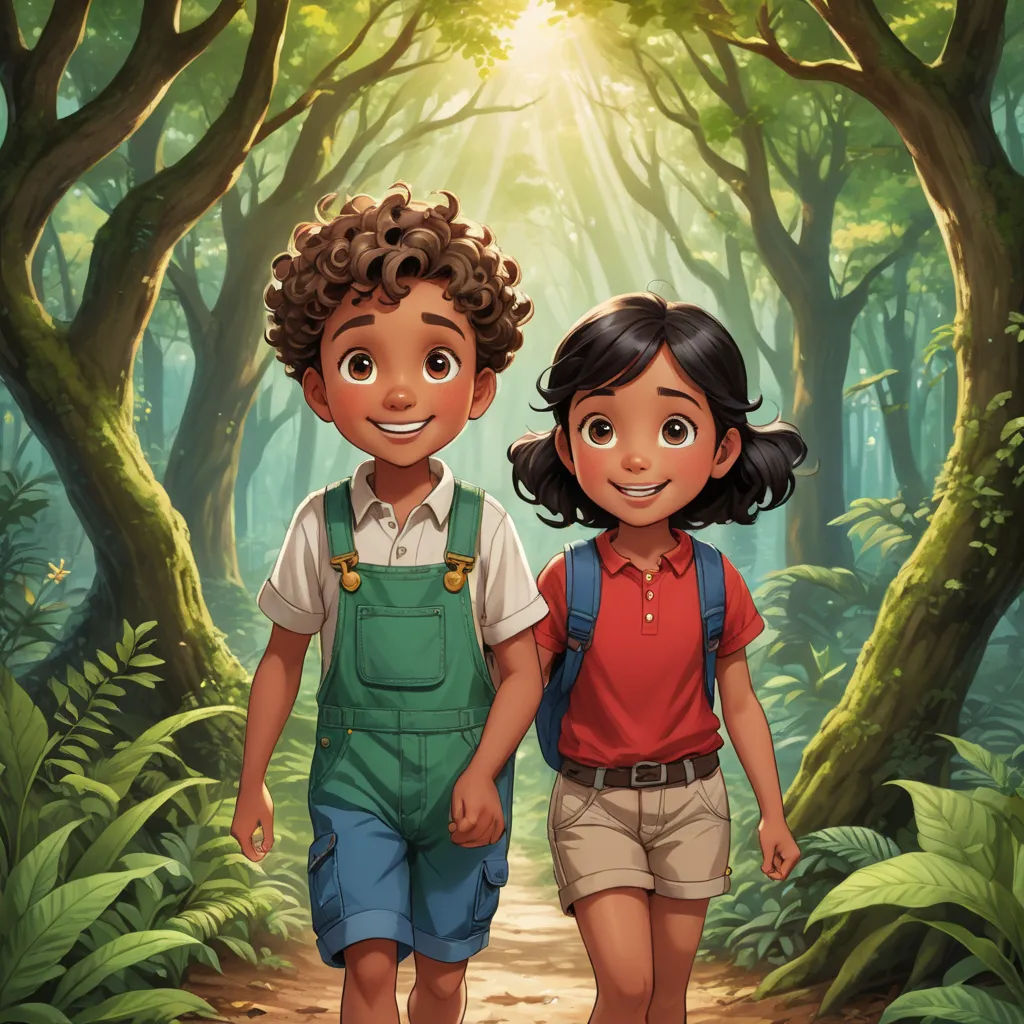 a boy and a girl walking through a forest together with sunlight shining through the trees behind them and a path leading to the forest, samikshavad, a storybook illustration, Diego Gisbert Llorens, promotional image