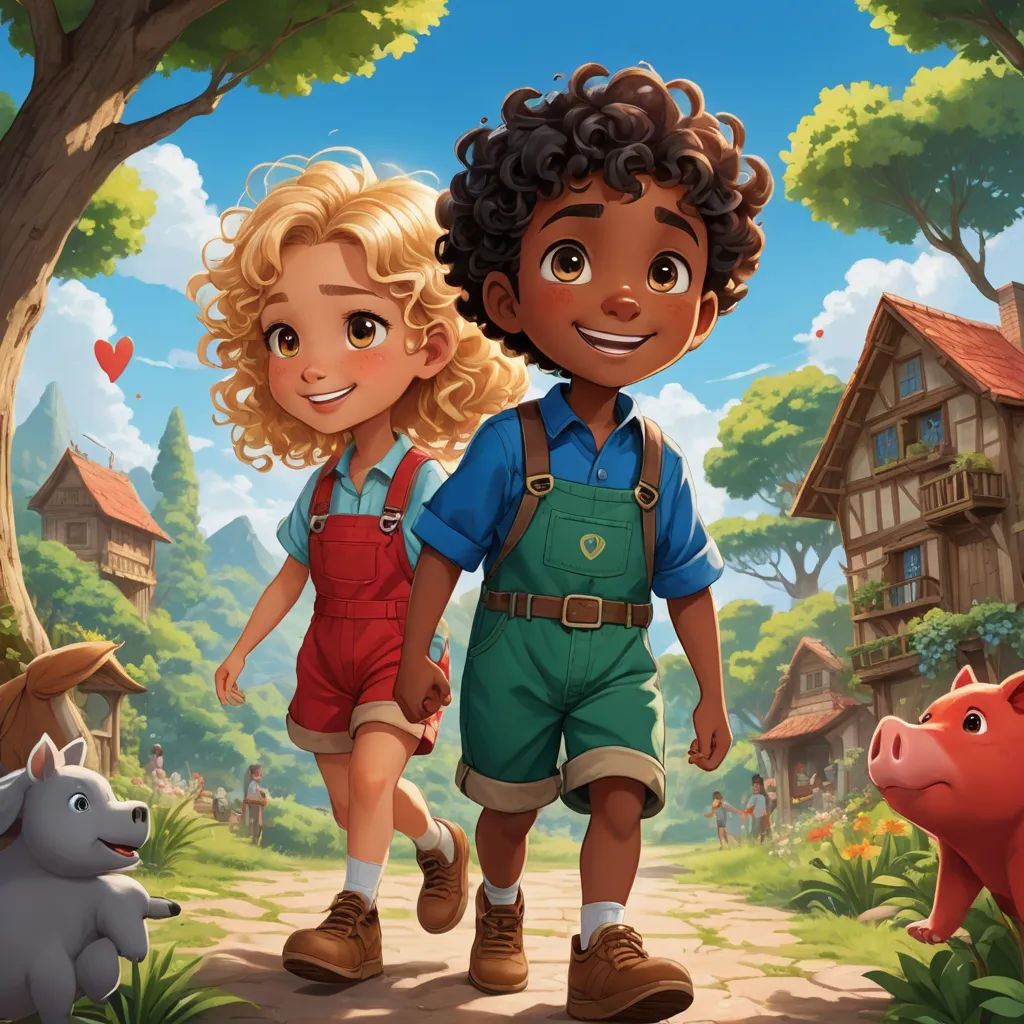 a boy and a girl are walking through a forest with a pig and a house in the background, and a pig is standing next to them, sots art, a storybook illustration, Anne Said, key art