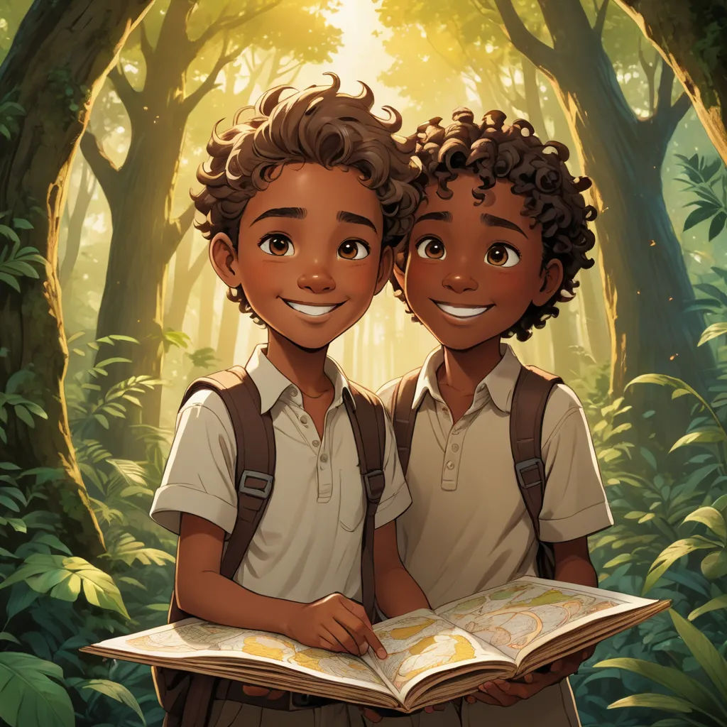 two children are standing in the woods with a book in their hands and smiling at the camera, with the sun shining through the trees, serial art, a storybook illustration, Cedric Seaut (Keos Masons), cushart krenz