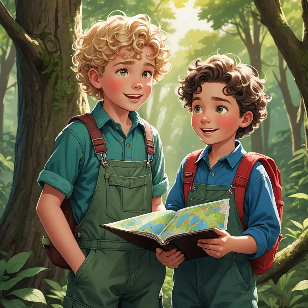 a boy and a boy in overalls are looking at a map in the woods, with a boy in overalls and a backpack, serial art, a storybook illustration, Brothers Hildebrandt, cushart krenz