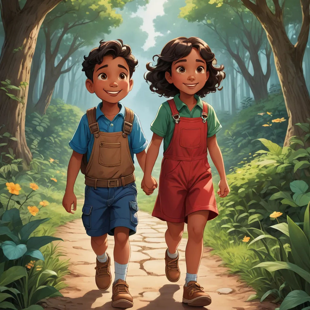 a couple of kids walking down a dirt road in the woods together holding hands and smiling at the camera, samikshavad, a storybook illustration, Brothers Hildebrandt, official art