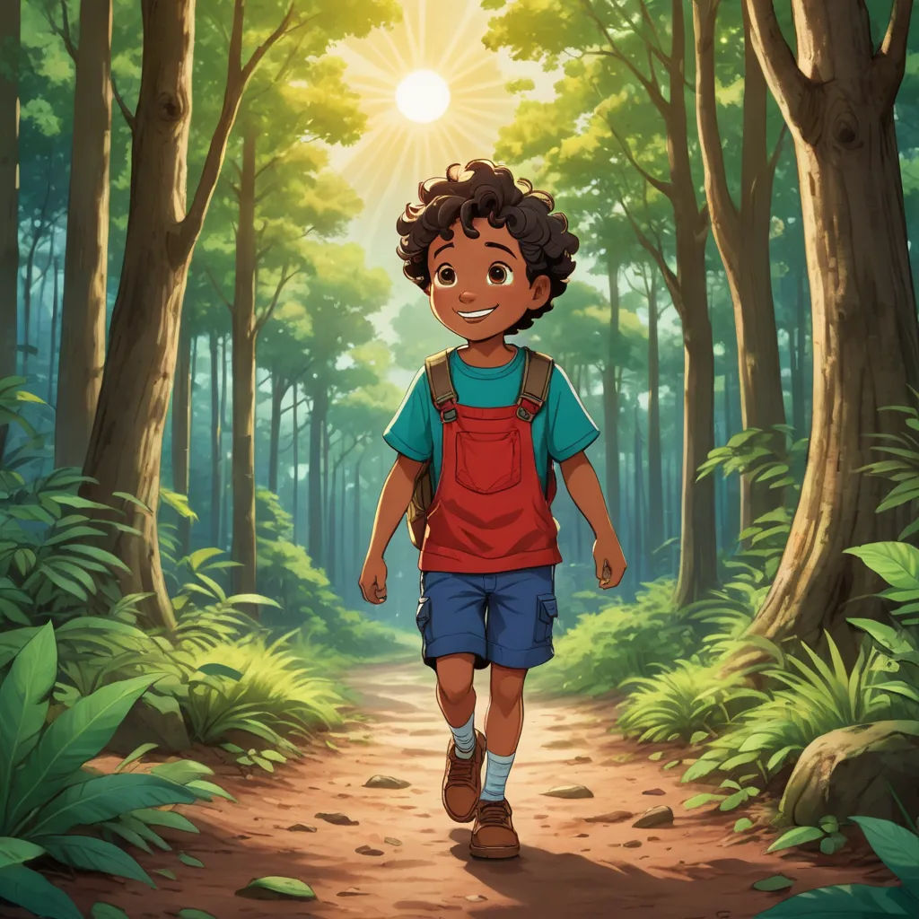 a boy walking in the woods with a backpack on his back and a sun shining through the trees behind him, hurufiyya, a storybook illustration, Chris LaBrooy, promotional image
