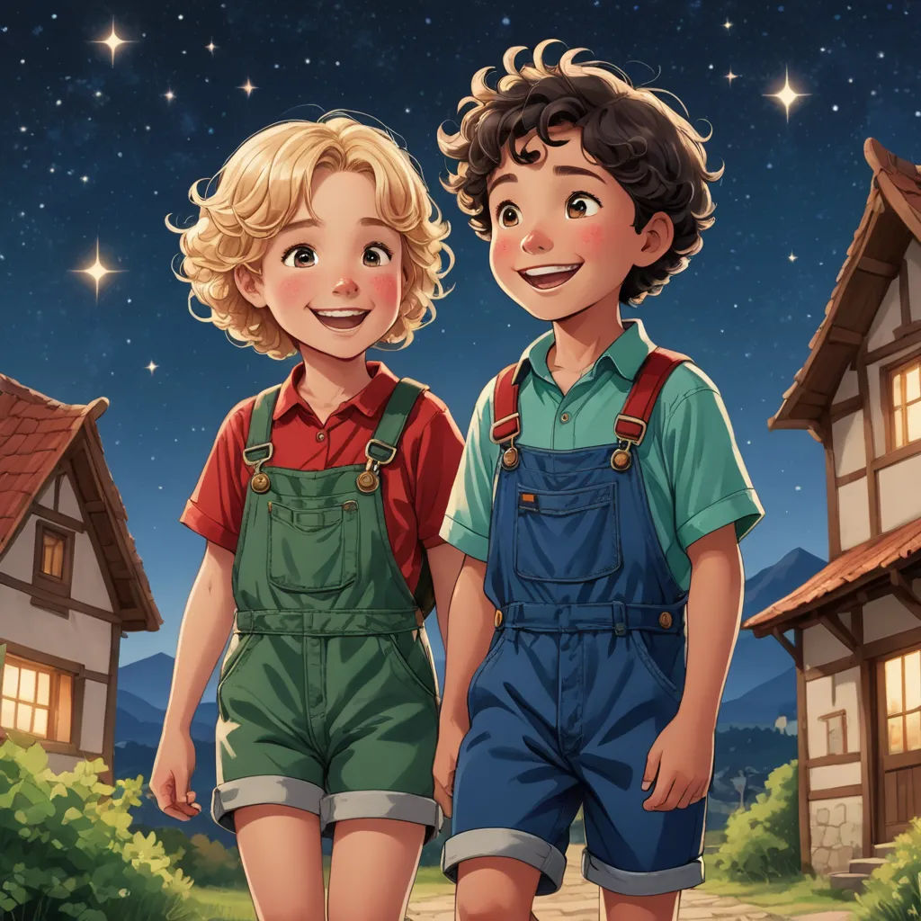 a couple of kids standing next to each other in front of a house at night with stars above them, danube school, a storybook illustration, Diego Gisbert Llorens, storybook illustration