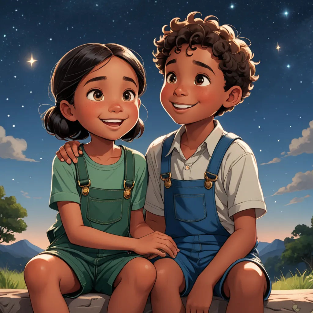 a boy and a girl sitting on a rock under a night sky with stars and a moon in the sky, space art, a storybook illustration, Diego Gisbert Llorens, official art