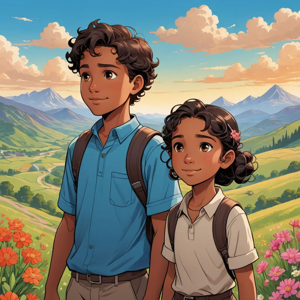 a boy and a girl standing in a field of flowers with mountains in the background and a sky with clouds, serial art, a storybook illustration, Cliff Childs, comic cover art