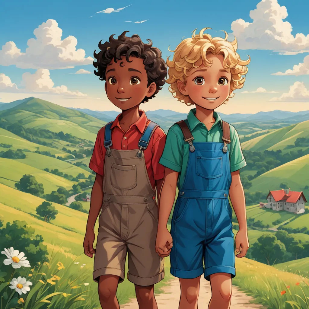 two children walking down a dirt road in front of a green field and a house on a hill in the background, american scene painting, a storybook illustration, Brothers Hildebrandt, official art