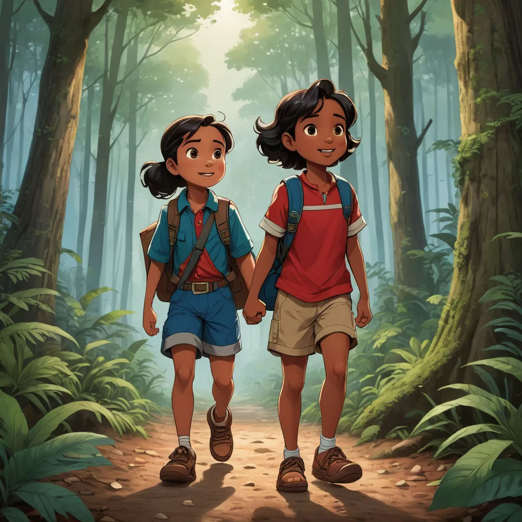 two children walking in the woods holding hands and looking at the camera with a forest background behind them and sunlight shining through the trees, samikshavad, a storybook illustration, Anthony Devas, official art