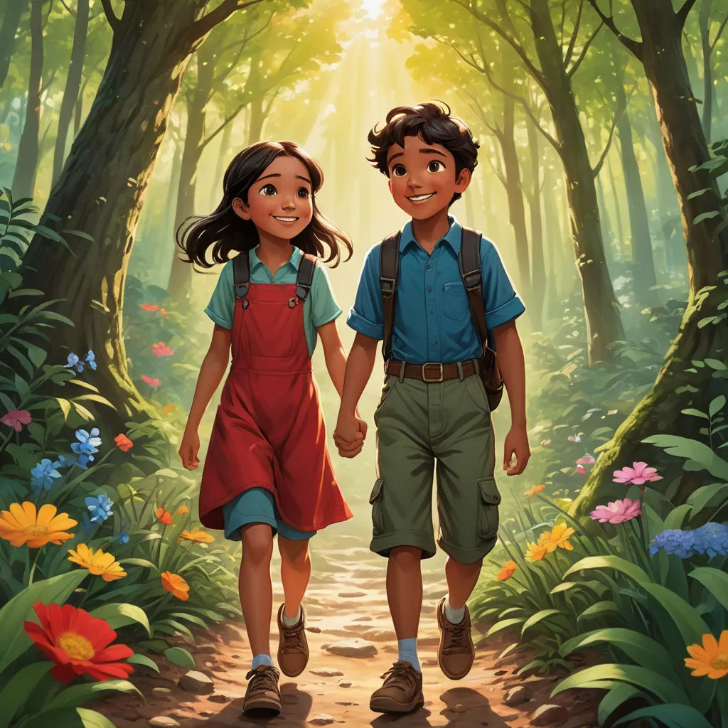 a boy and a girl walking through a forest holding hands and smiling at the camera with the sun shining through the trees, magical realism, a storybook illustration, Aaron Jasinski, official art