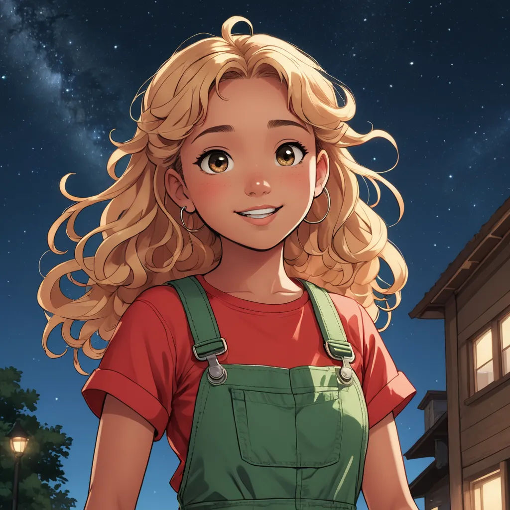 a cartoon girl with blonde hair and a green apron on a street at night with a building in the background, magical realism, a character portrait, Artgerm, rossdraws global illumination