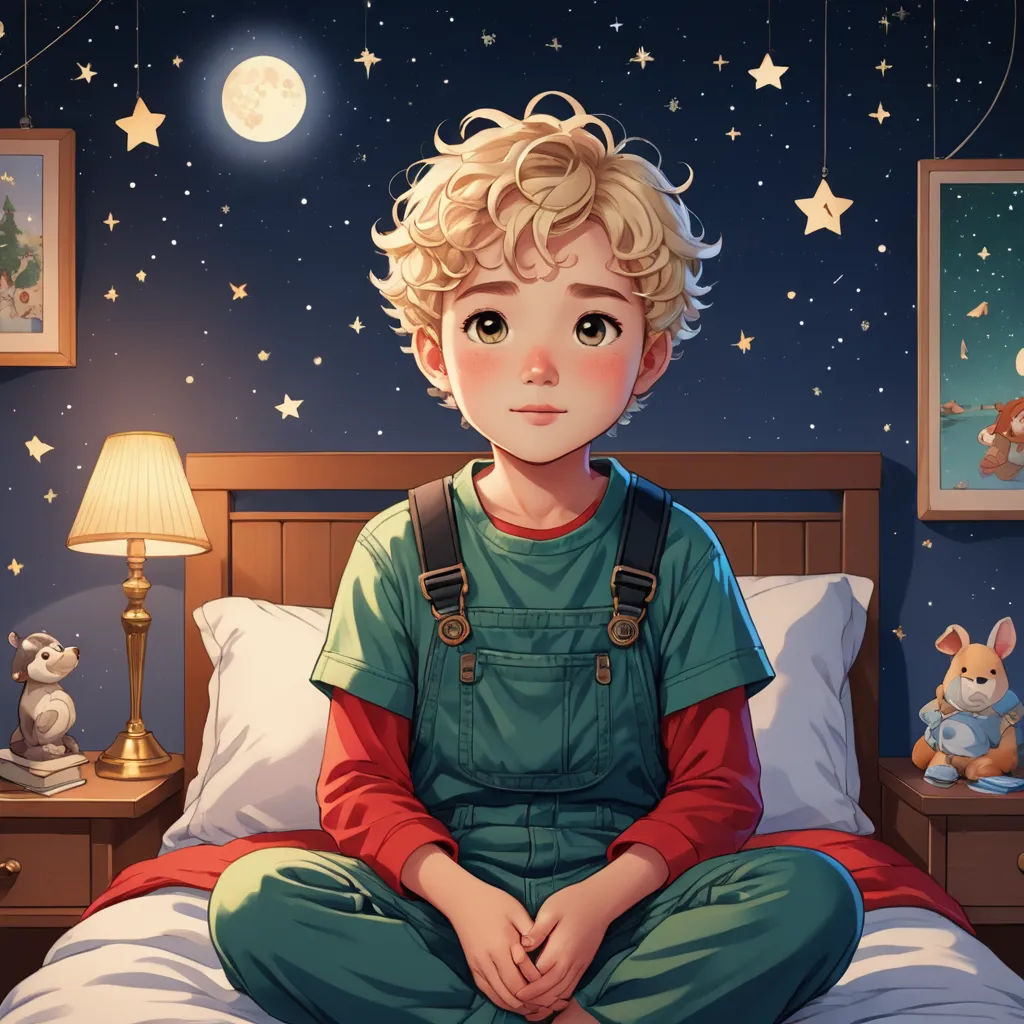 a boy sitting on a bed with a teddy bear and a night sky background with stars and a teddy bear, space art, a storybook illustration, Arthur Pan, trending on art station