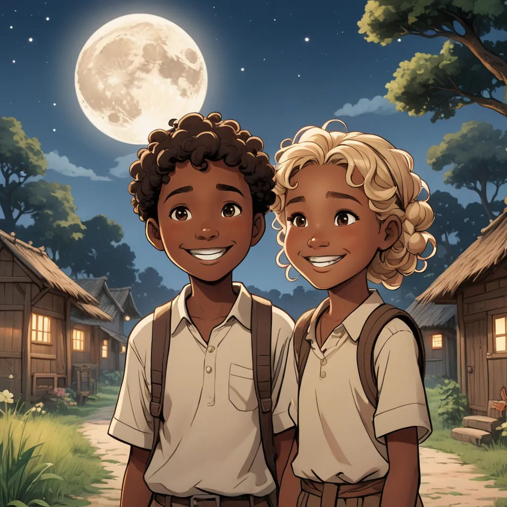 a couple of people standing next to each other in front of a full moon sky and a small village, harlem renaissance, a storybook illustration, Felix-Kelly, comic cover art