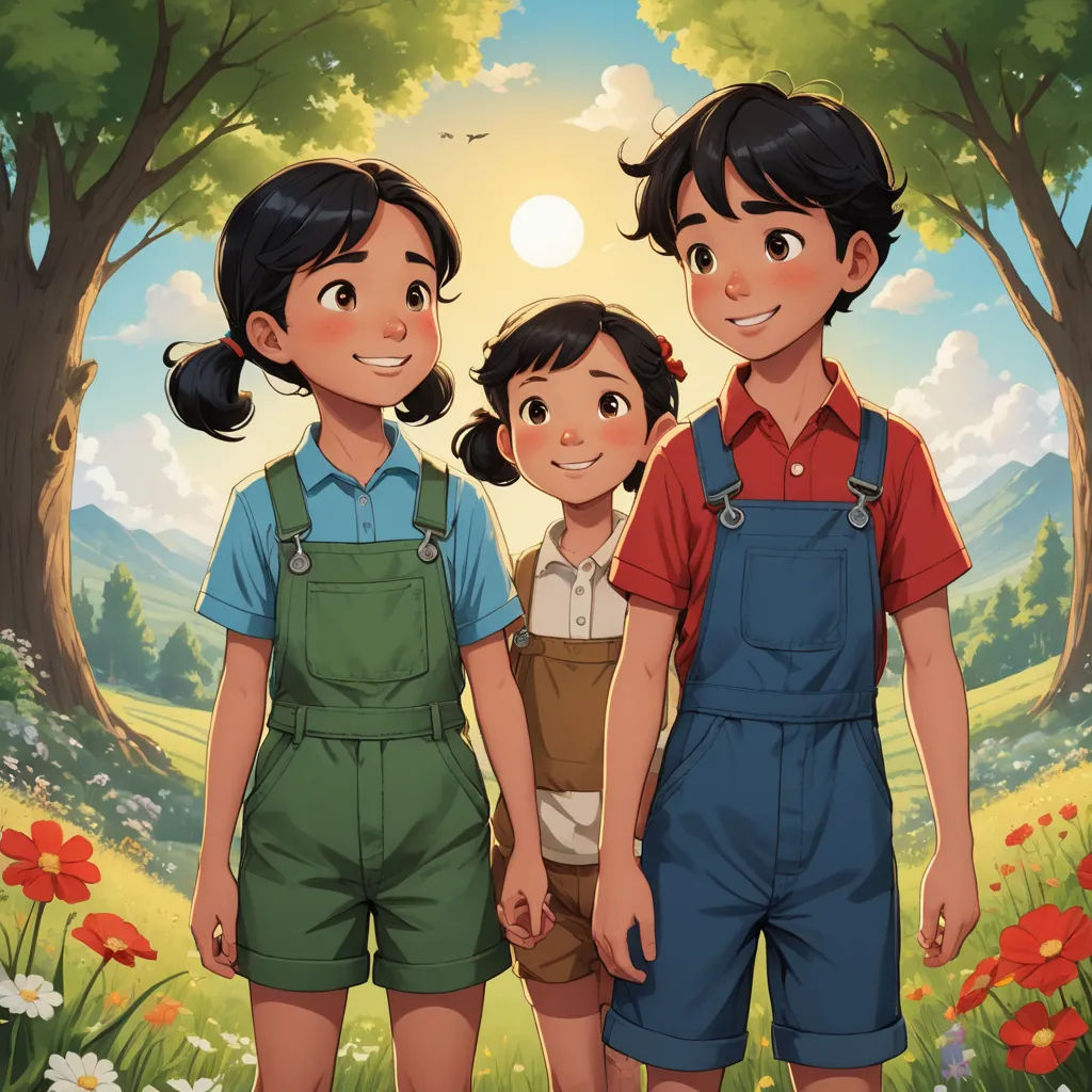 a couple of kids standing next to each other in a field of flowers and trees with a sun in the background, lyco art, a storybook illustration, Fernando Amorsolo, official art
