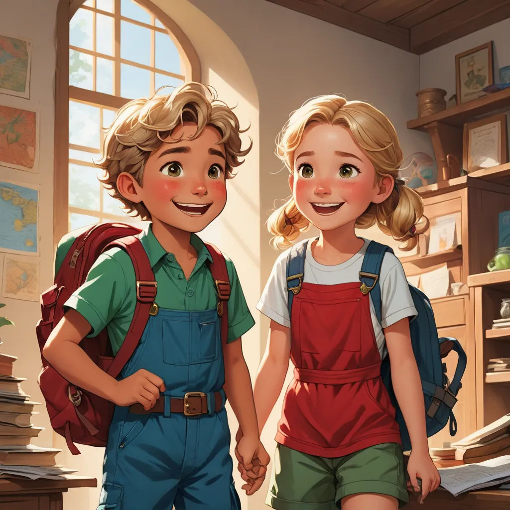 a couple of kids standing next to each other in a room with a book shelf and a window behind them, paris school, a storybook illustration, Diego Gisbert Llorens, rossdraws global illumination