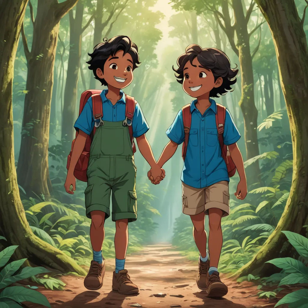 two children walking in the woods holding hands and smiling at each other with a forest background behind them and sunlight streaming through the trees, samikshavad, concept art, Brothers Hildebrandt, official art
