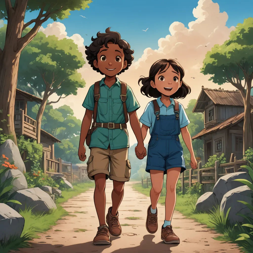 a boy and a girl walking down a path in a forest holding hands and looking at the camera with a house in the background, environmental art, a poster, Anne Said, official art